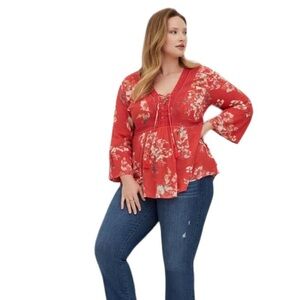 Torrid Babydoll Gauze Long Bell Sleeve Crochet Trim Lace-Up Top size 0X